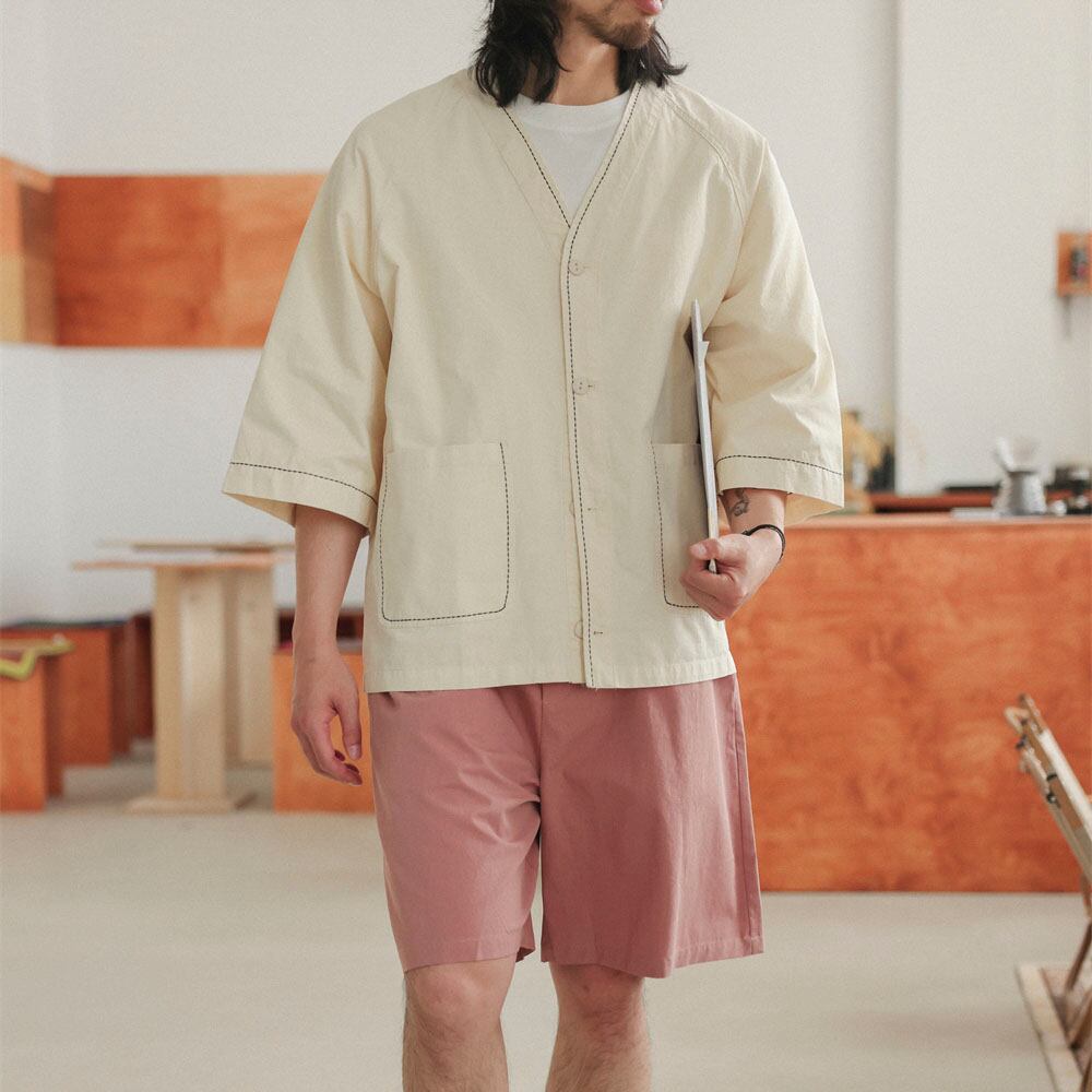 V-neck no-collar short-sleeve shirt navy0709