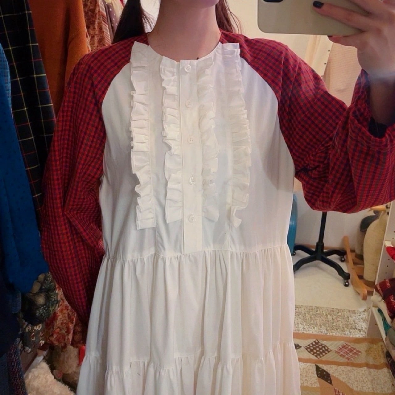 original / white × red check raglan sleeve one-piece