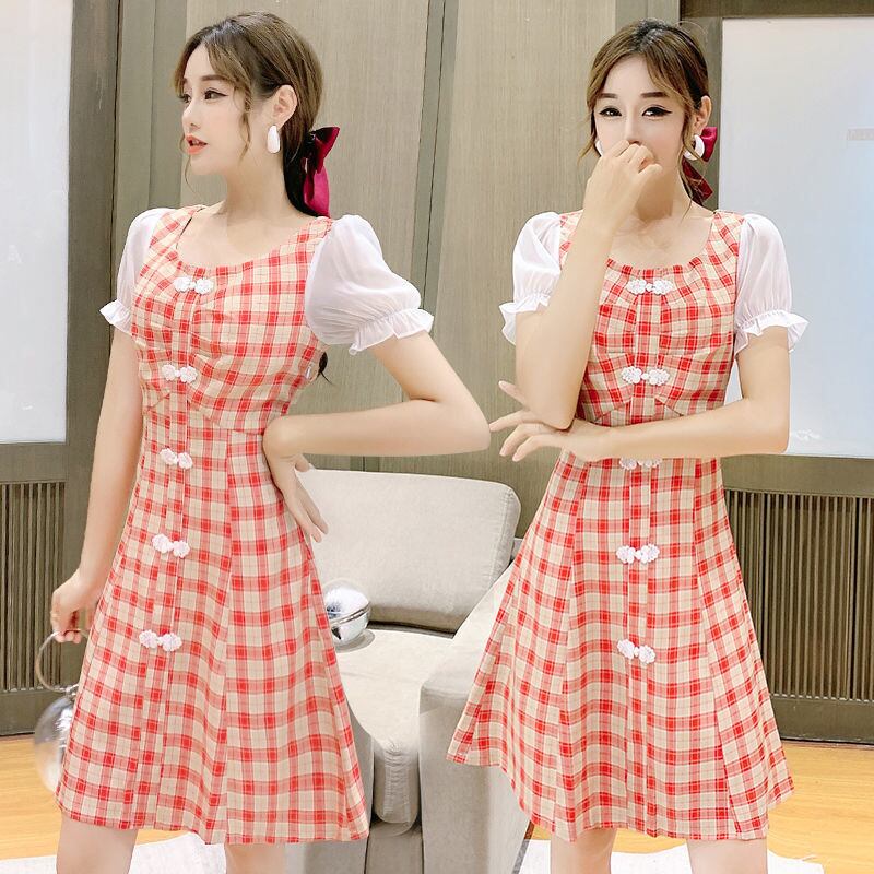 【新作】【送料無料】 女性の夏の新しい韓国スタイルのパフスリーブミッドレングススタイルのレトロスタイルスカートのためのチャイナドレスの改良版 0268051021961