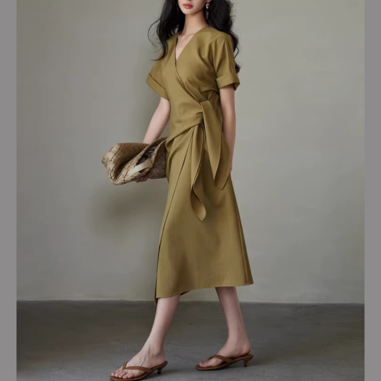 ウエストリボン 半袖 ミモレ丈 ワンピース 00142・画像3