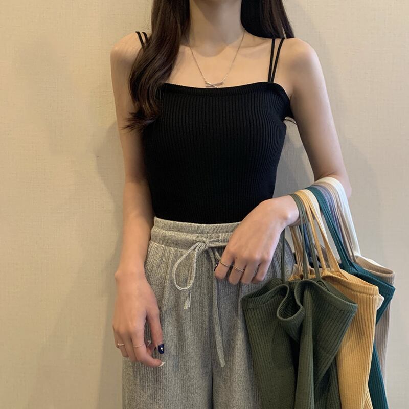 スプリングショートニットノースリーブトップス 春物 試着室77659196054