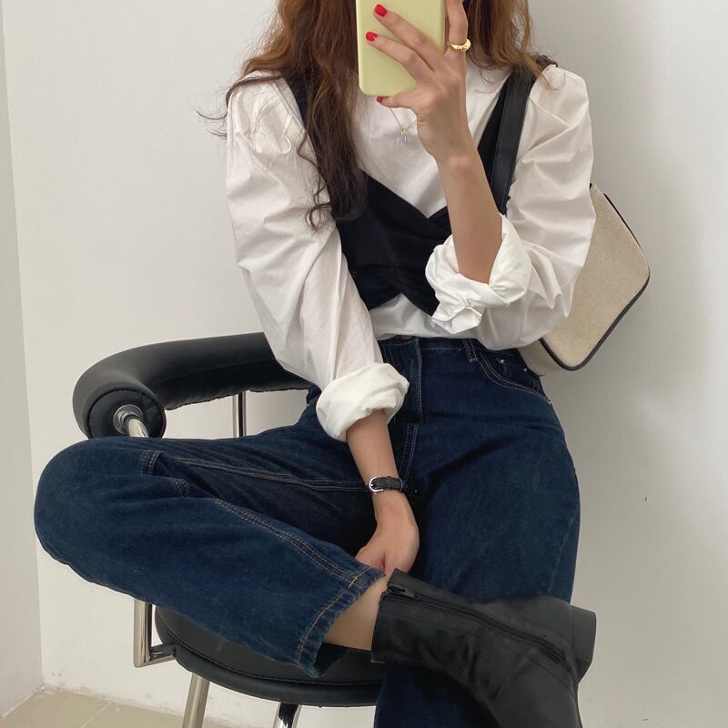シャツ女性デザインセンスニッチ2020年初秋新しいフレンチルーズパフスリーブトップ+レイヤードアウターストラップ クレセントシティ18527389265