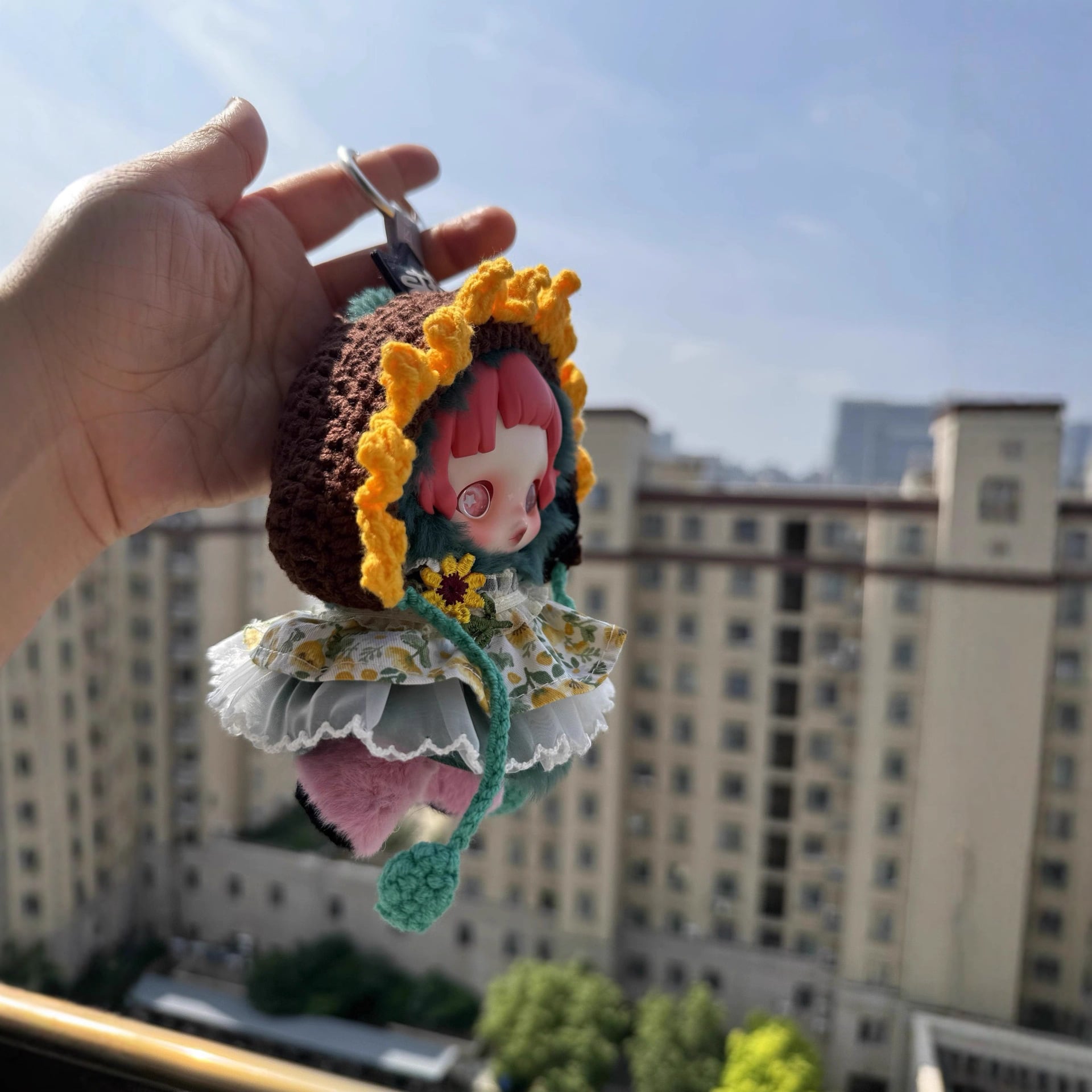 スカルパンダ用 花柄ワンピース+手編み ひまわり帽子 SKULLPANDA