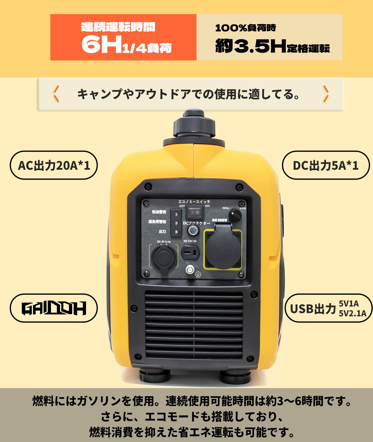 インバーター発電機 ガソリン発電機GA1000i 最大出力1.2kVA