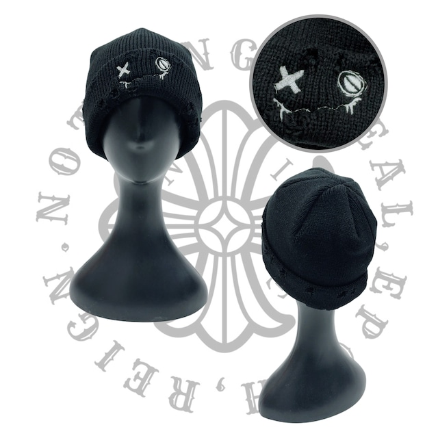 【本販売前シークレットセール】NIER FACE刺繍入りDAMAGE BLACKニットキャップ