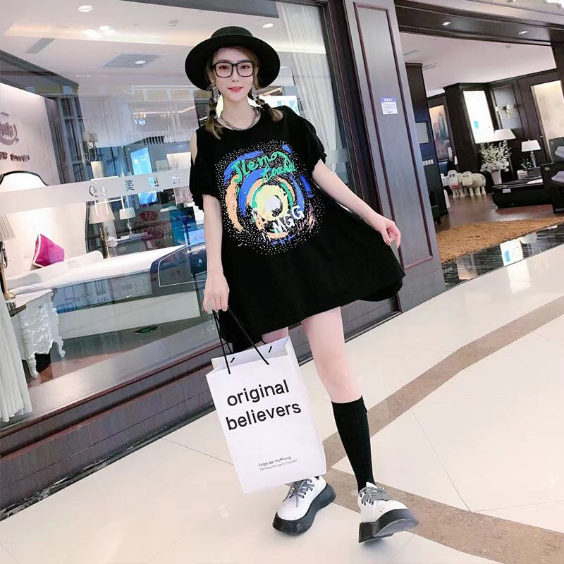 ルーズラウンドネックプルオーバー カラーパターンプリントトップス 大きめサイズ Oネック オフショルダー ミックスインファッション59301848099