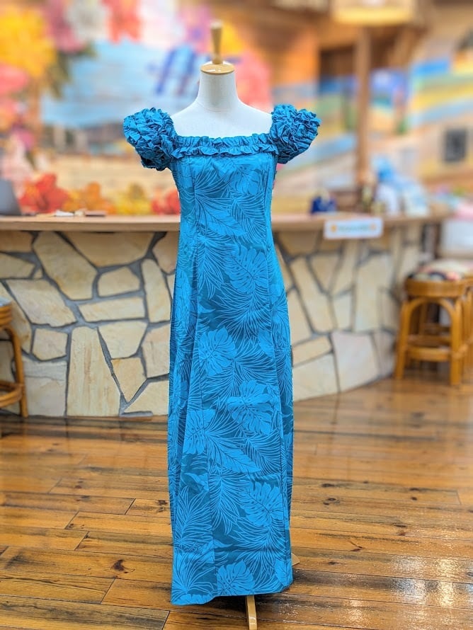 【Anuenue】 フリルパフスリーブロングドレス (モンステラ/ティール/ポリコットン)