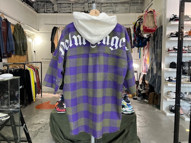 PALM ANGELS HOODED LOGO OVERSIZED FLANNEL PLAID SS SHIRT PURPLE SMALL PMGA072S20749023 16993