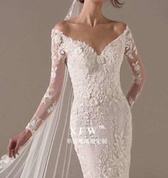 高品質！ ウエディングドレス マーメイドライン 繊細レース オフ  