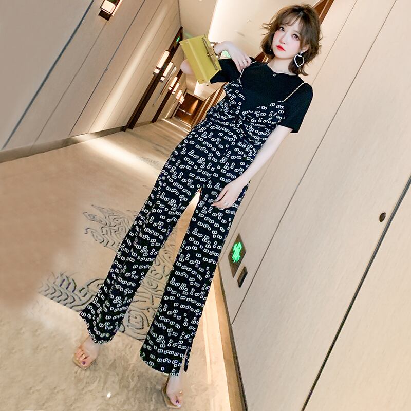 プリントTシャツ トップス ハイウェストウェストワイドレッグパンツ サマー 夏物 ワイドパンツ ステッチ MIUCO93437622049