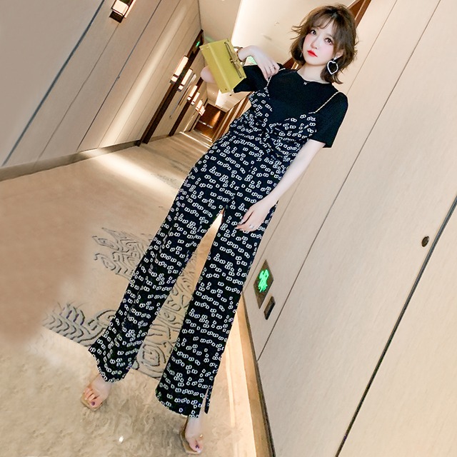 プリントTシャツ トップス ハイウェストウェストワイドレッグパンツ サマー 夏物 ワイドパンツ ステッチ MIUCO93437622049