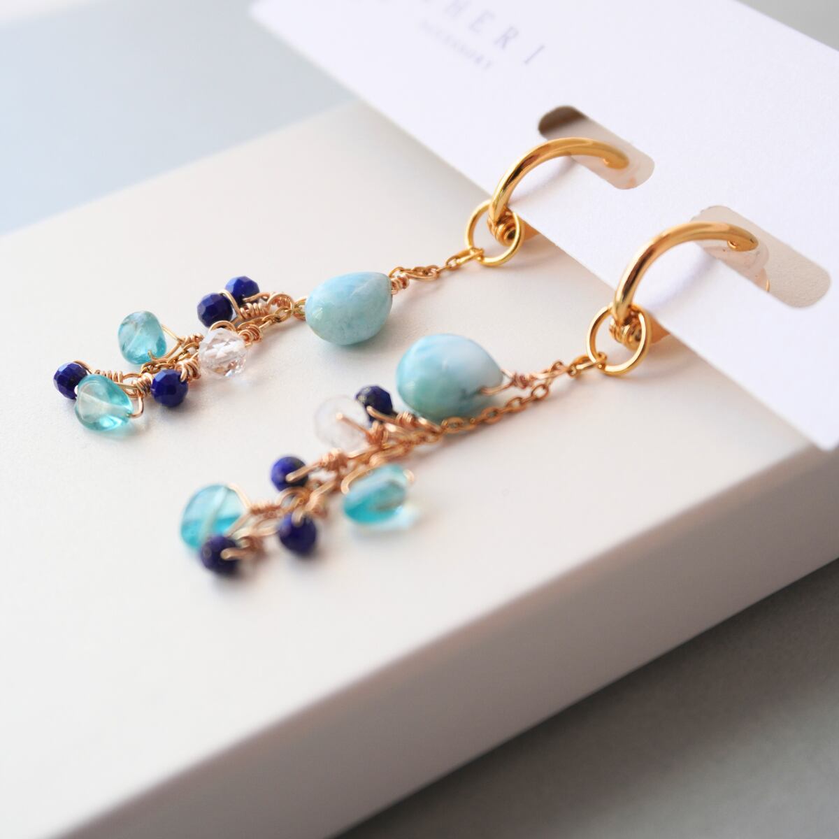 イヤリングチャーム 14KGF 天然石 ラリマー ラピスラズリ ブルートルマリン 水晶 揺れる ブルー 差し色 上品