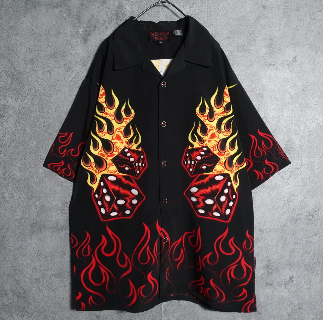 Dice flame pattern embroidery open collar shirt