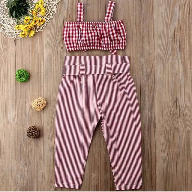 即納 赤ギンガムチェックパンツセット 女の子セットアップ 子供服 2way キャミソール ベアトップ クロップドパンツ へそ出しファッション Shell Baby Kids