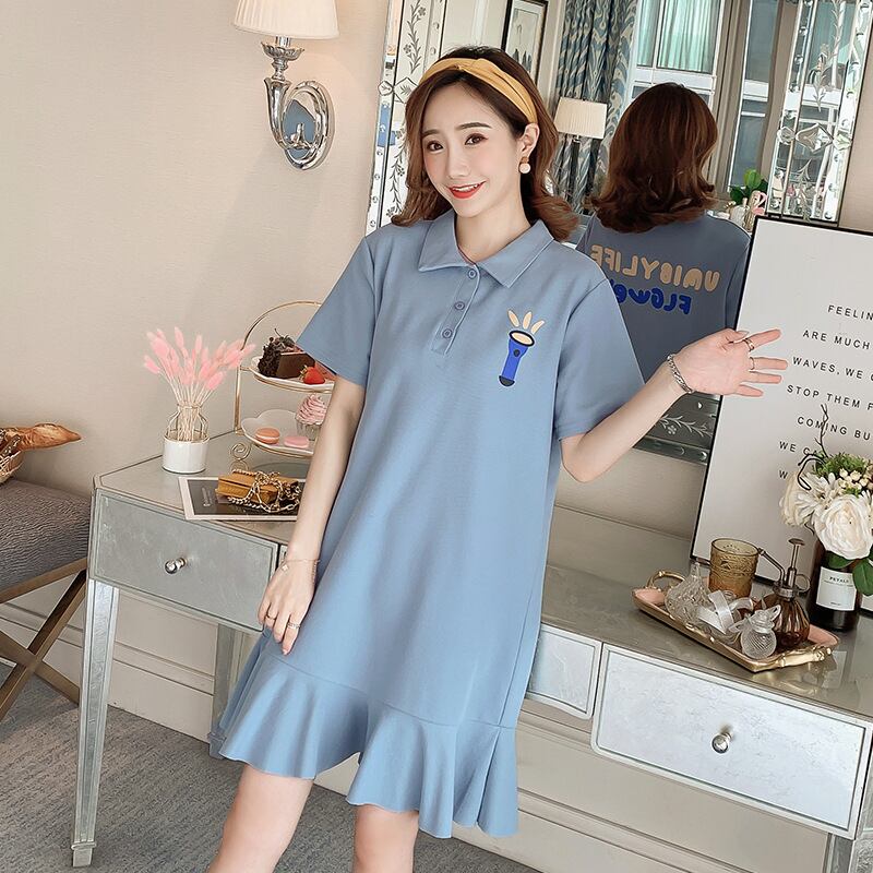 【新作】【送料無料】 マタニティウェア2020夏の新しいニットプリントラペルドレスミドル丈マタニティフィッシュテールスカート-アリババ サマー 夏物 expec262166538746