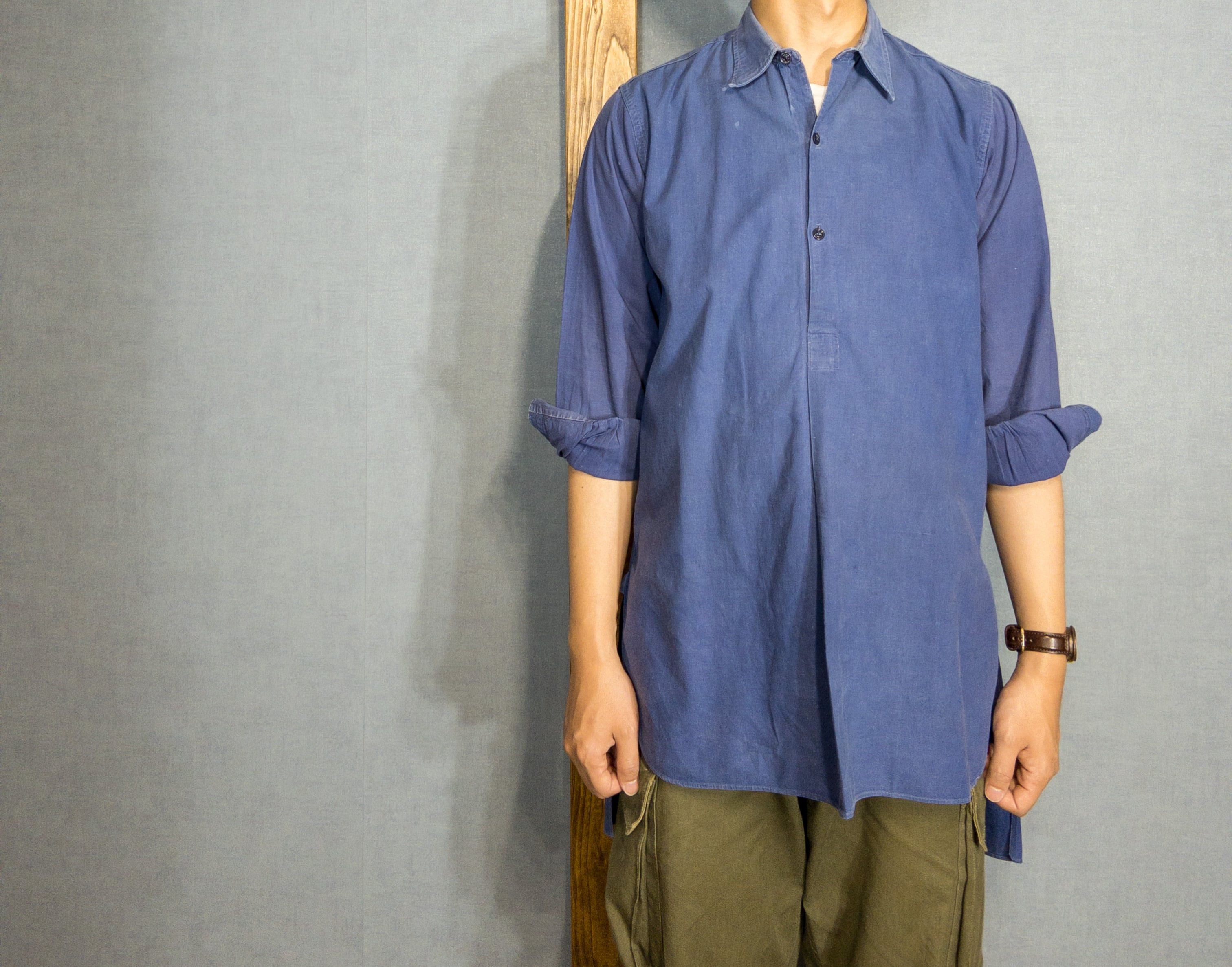 1940s】French Work Indigo Metis Pullover Grandpa Shirt 6