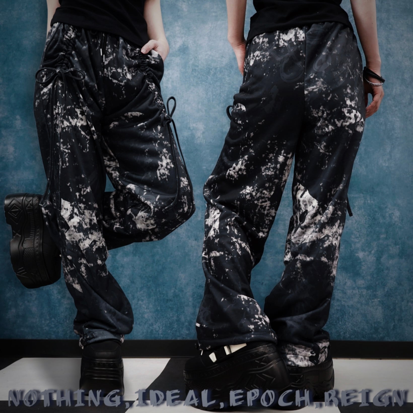 NIER ブラックワークパンツ　新品 先着55点限定55％OFF超特価》FRONT DRAWCODE NIER PATTERN WIDE PANTS