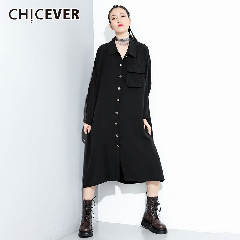CHICEVERルーズパッチワークドレスレディースラペルロングスリーブブラックオーバーサイズストリートウェアミディドレス2020タイド 長袖 6base532628715717