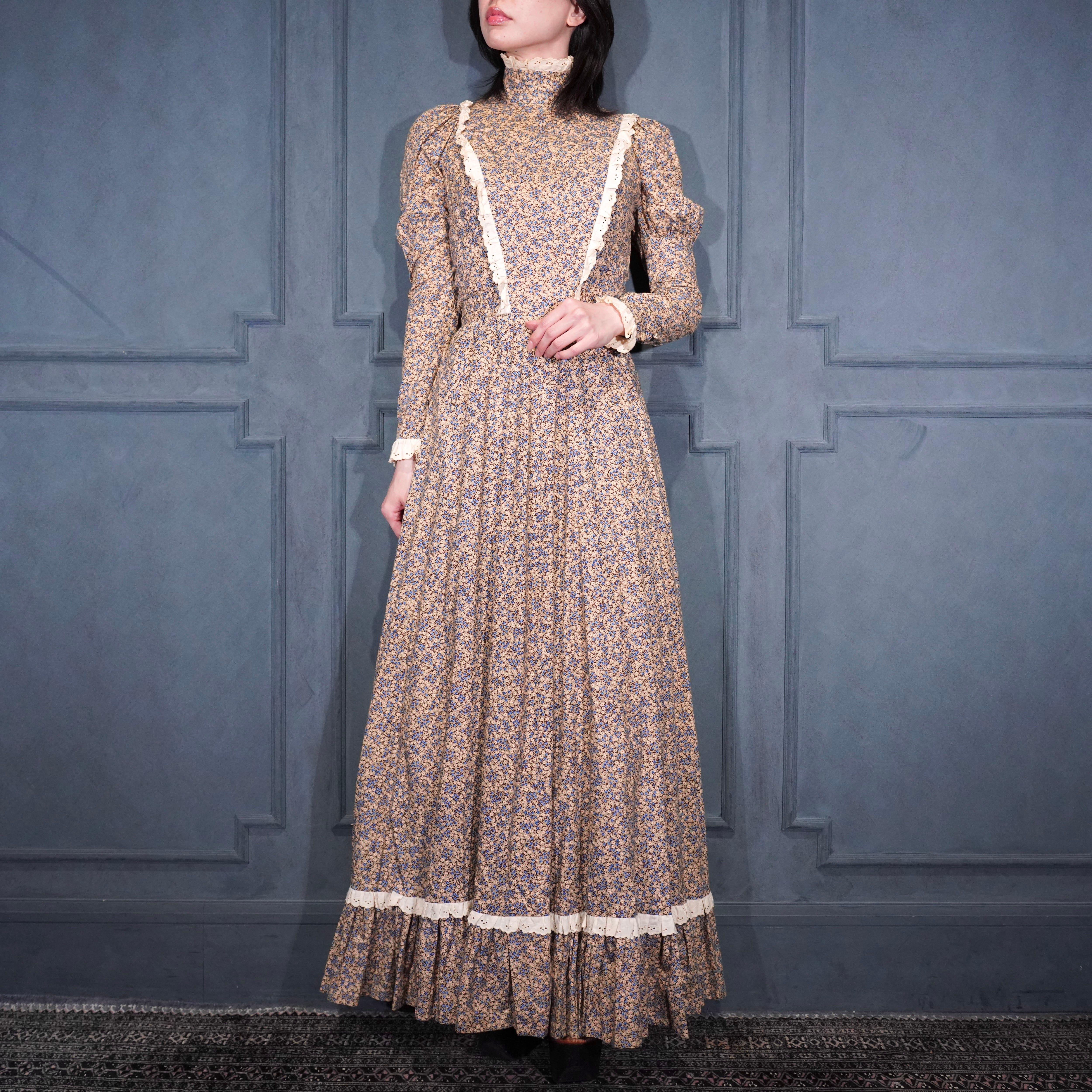 70's USA VINTAGE FLOWER PATTERNED LACE DESIGN COTTON DRESS ONE