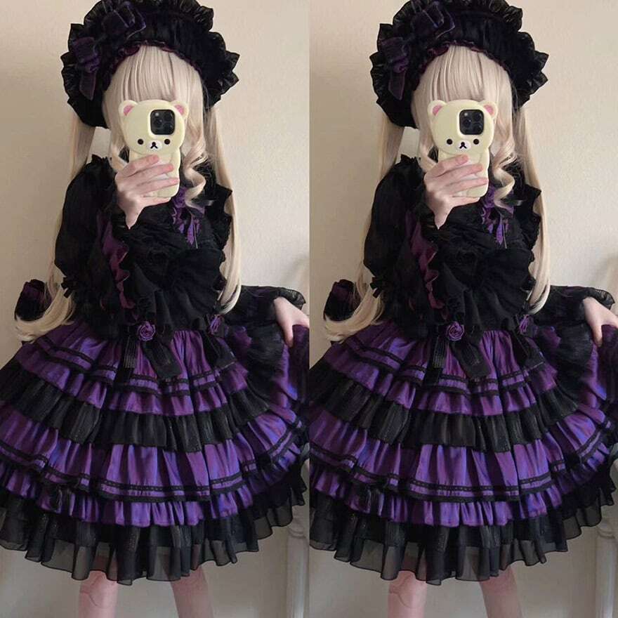 ロリータファッション 紫薔薇に眠る黒夜 フリルティアード長袖ゴスロリ