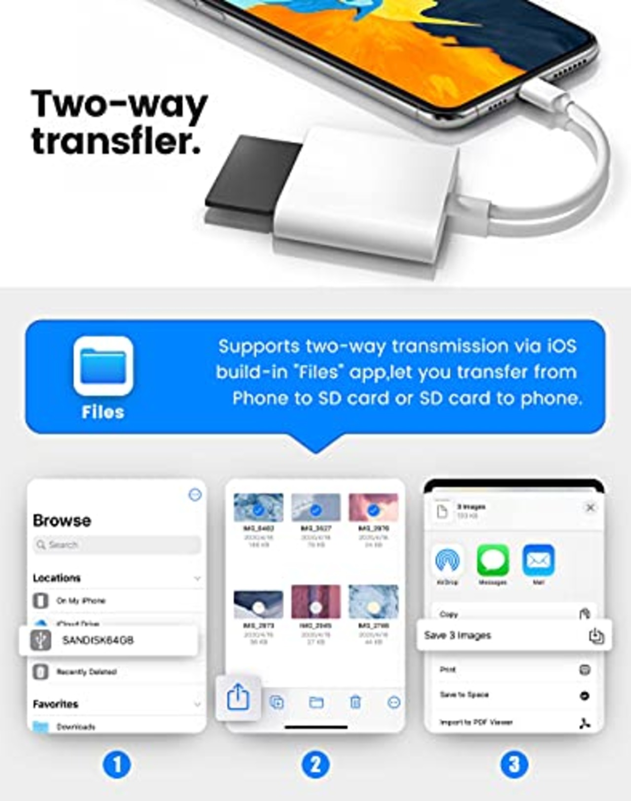 iPhone/iPad用SDカードリーダー、デュアルスロット付きマイクロSDカードリーダー、メモリカードリーダーアダプター、アプリ不要、プラグアンドプレイ