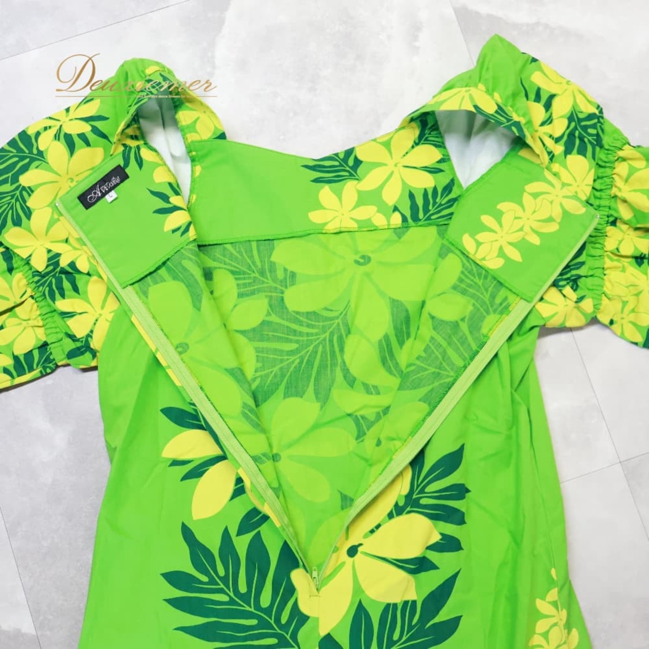 フラダンス 衣装 ワンピース ドレス グリーン系 アビバーレ Avivare ティアレ柄 ラウアエ柄 花柄 黄緑 黄 花柄 鮮やか フラ ダンス かわいい 明るい パフスリーブ ダンス衣装 イベント ステージ 練習 レッスン