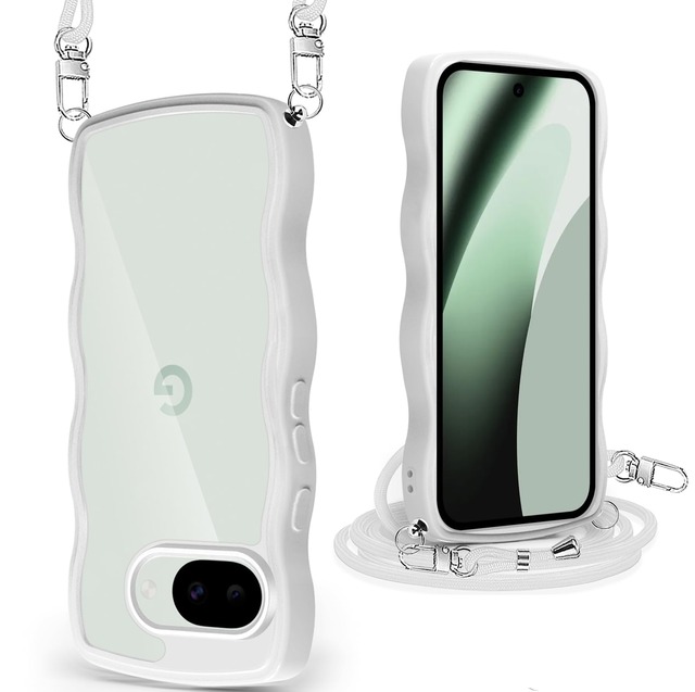 Yungsome Pixel 10A ケース クリア ショルダー ストラップ付き 波状フレーム ホワイト