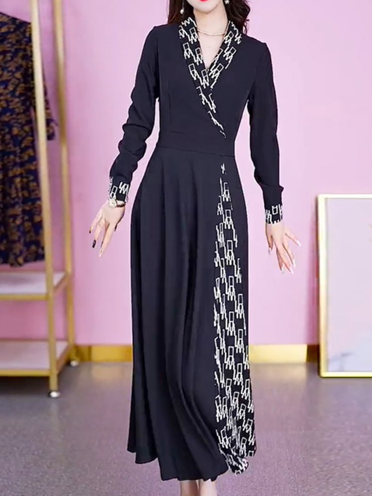 スカート ワンピース デート ワンピドレス ミモレ ミモレ丈 袖あり 長袖 Vネック 襟付き 切り替えデザイン ウエストマーク 切り替えデザイン ステッチ 薄手 きれいめ カジュアル 大人 上品 おしゃれ お洒落 かっこいい レトロ 大人女子 こなれ感 エレガント とろみ感 抜け感 柄 プリント 春 秋 20代 30代 レディース 女性用 OL 通勤 デート お出かけ パーティー イベント レストラン ファッション コーデ スタイル モテ 体系カバー サイズ M L XL 2XL 3XL 黒 ブラック
