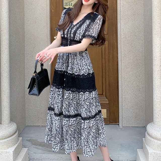 レースボーダーシフォンワンピース　00256