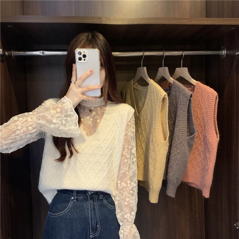 ニットスプリングオータムスタンダードVネックルーズ薄手ショート レトロ 春物 秋物 1号婦人29608802420