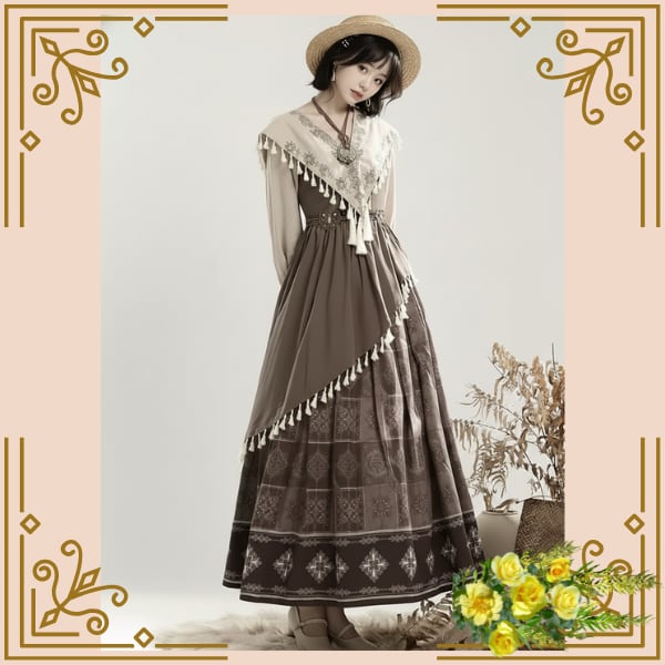 ♦フリンジ付きレトロブラウンドレス♦trnd037