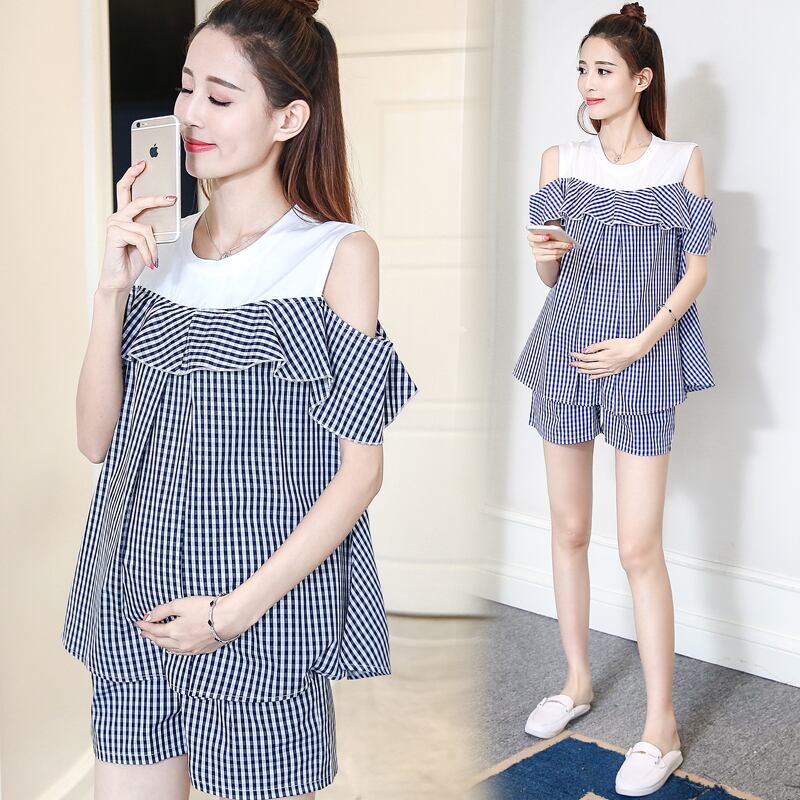 【新作】【送料無料】 チェック柄コットンマタニティスーツサマーシャツ+ベリーショーツ洋服妊婦妊娠セット 夏物 ブルマー AL expec388461416872