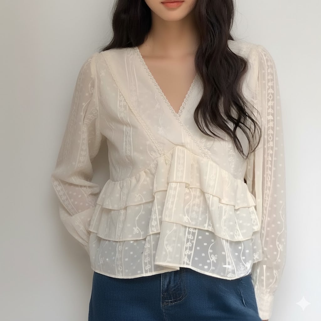 Embroidered Lace V-Neck Ruffle Blouse ch0145