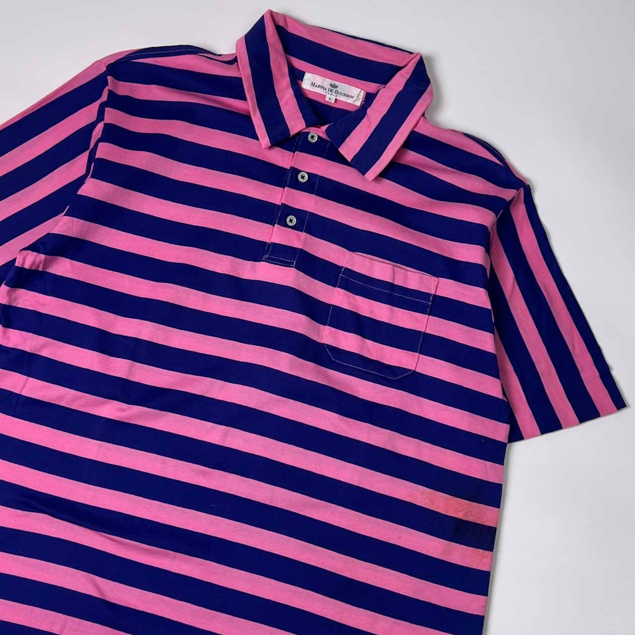 90s MARINA DE BOURBON マリナ ド ブルボン ボーダー 天竺 半袖 ポロシャツ L/ピンク×ブルー メンズ ビンテージ