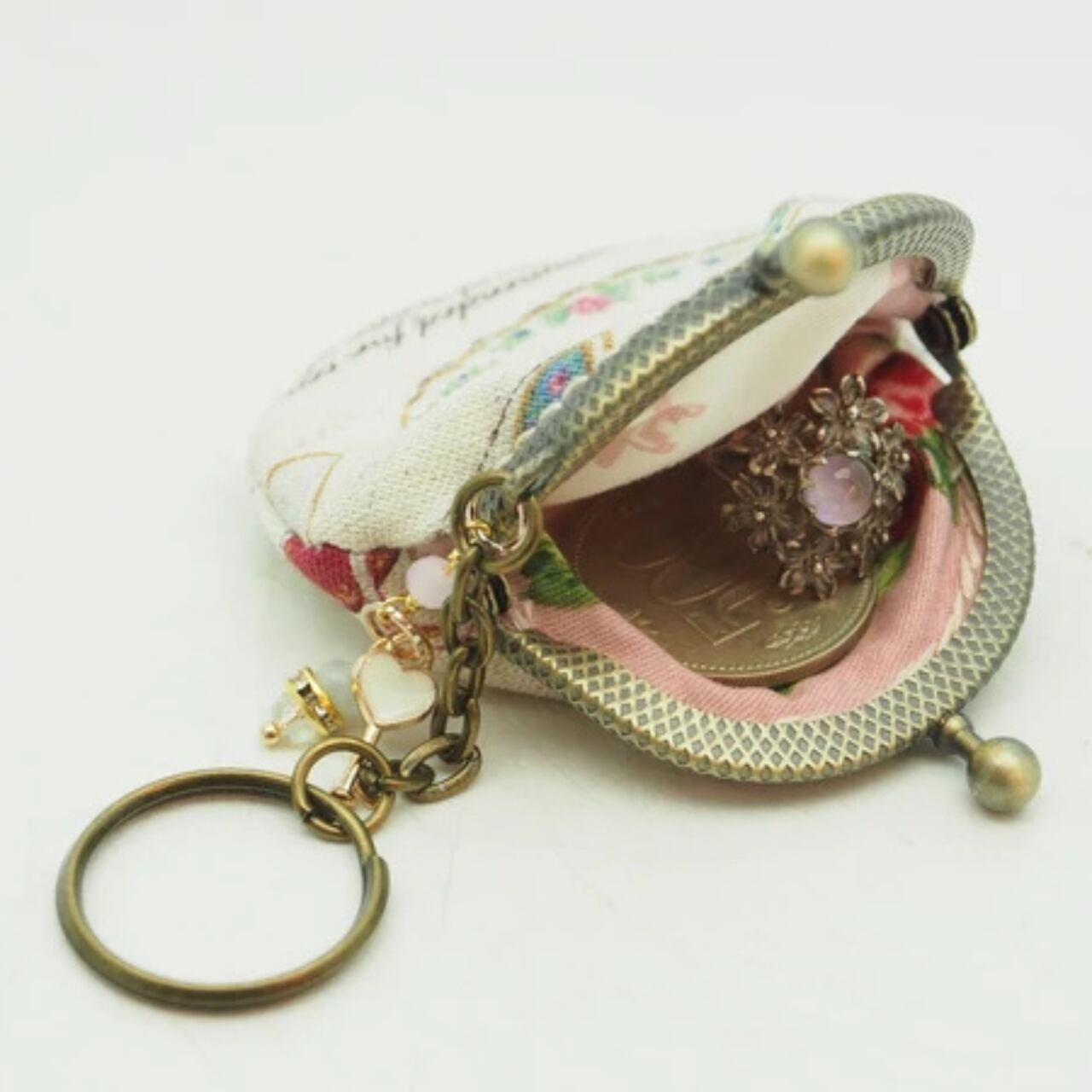 【ハンドメイド】がま口バッグチャーム|アフタヌーンティー (表面:フランス製生地 生成り/口金5cm)