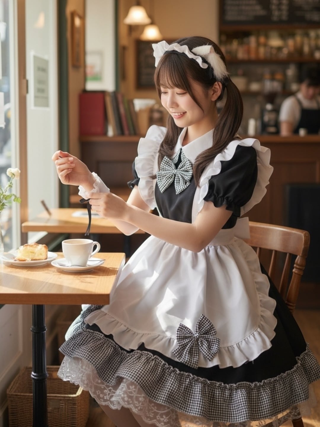 ギンガムフリル&ネコミミ クラシカルメイドワンピースV05077