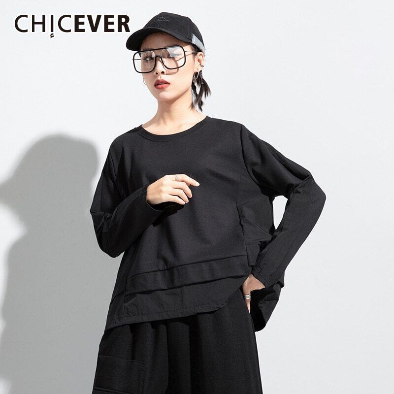 CHICEVERパッチワークTシャツレディースOネック長袖ヒットカラールーズドローストリング裾Tシャツ秋 ロング オータム 秋物 6base542176383413