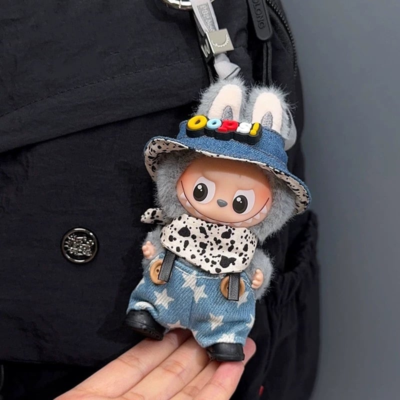 oopsシリーズ♪ ラブブ4.0 10cm デニムつなぎが可愛い! 帽子&青サスペンダーパンツ(デニム)&マフラー&黒靴 こだわり4点フルセット