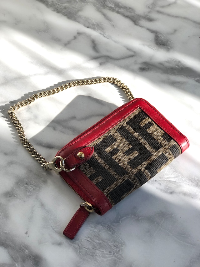 FENDI フェンディ ズッカ FFロゴ レザー チェーン コインケース ピンク×ブラウン vintage ヴィンテージ オールド h7tarh