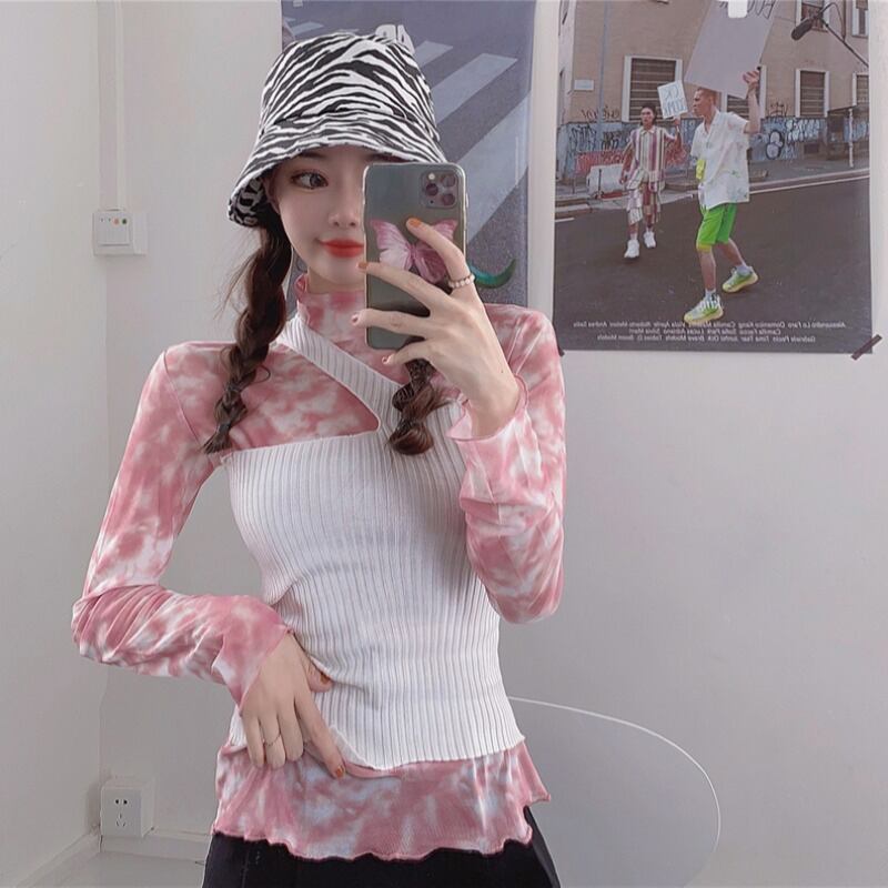 タイトフィット絞り染め長袖Tシャツレディース2020年秋新作イントレンドピンクインナーベースシャツトップス ブラックストロベリース6799396250