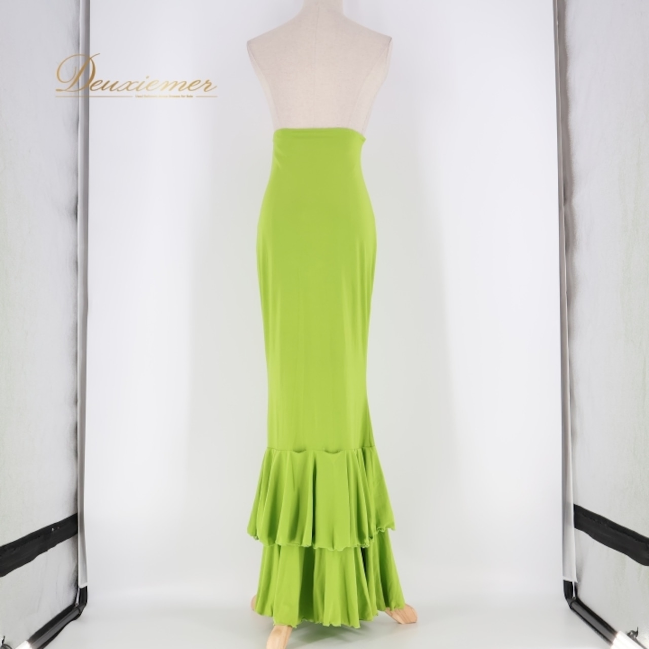 フラメンコ 衣装  ファルダ スカート グリーン系 ブルー系 緑 黄緑 ハイウエスト 伸縮 ストレッチ ボランテ フリル レース レッスン 練習着 お洒落 ダンスウェア フェミニン ポップ 柔らかい