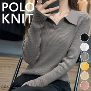 ポロニット セーター 長袖 リブニット レディース 春秋冬 韓国 おしゃれ 大人 カジュアル きれいめ Vネック ニットセーター 大人可愛い 大人女子