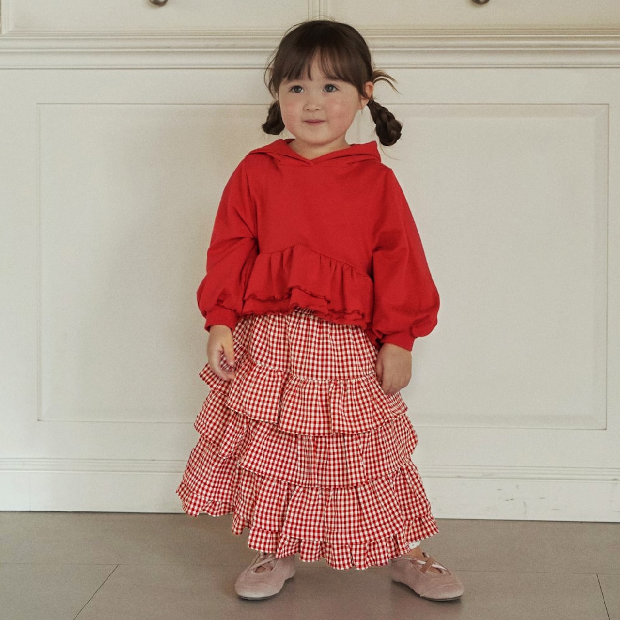 秋チェックティアードロングスカート