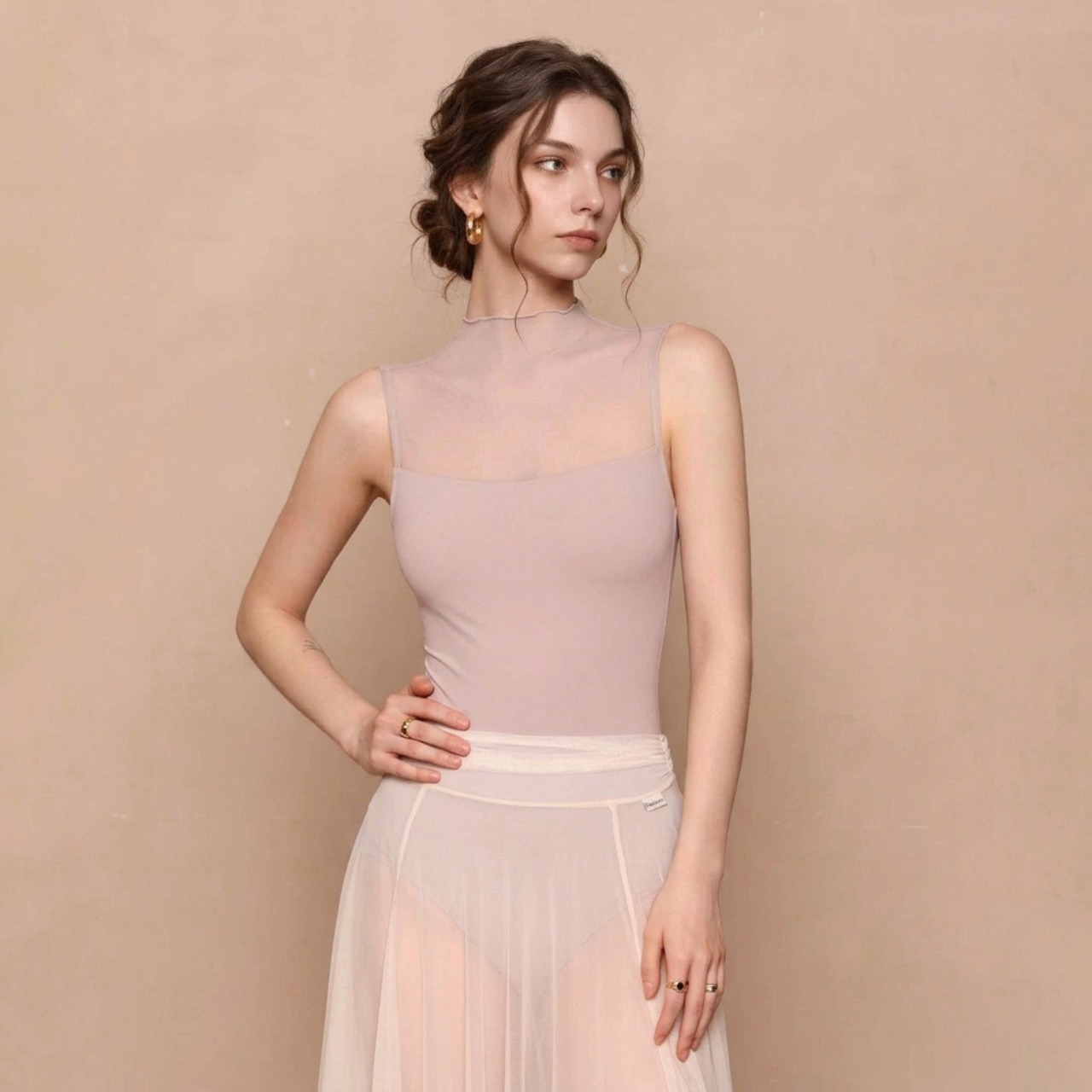 メッシュハイネック ノースリーブレオタード L1414