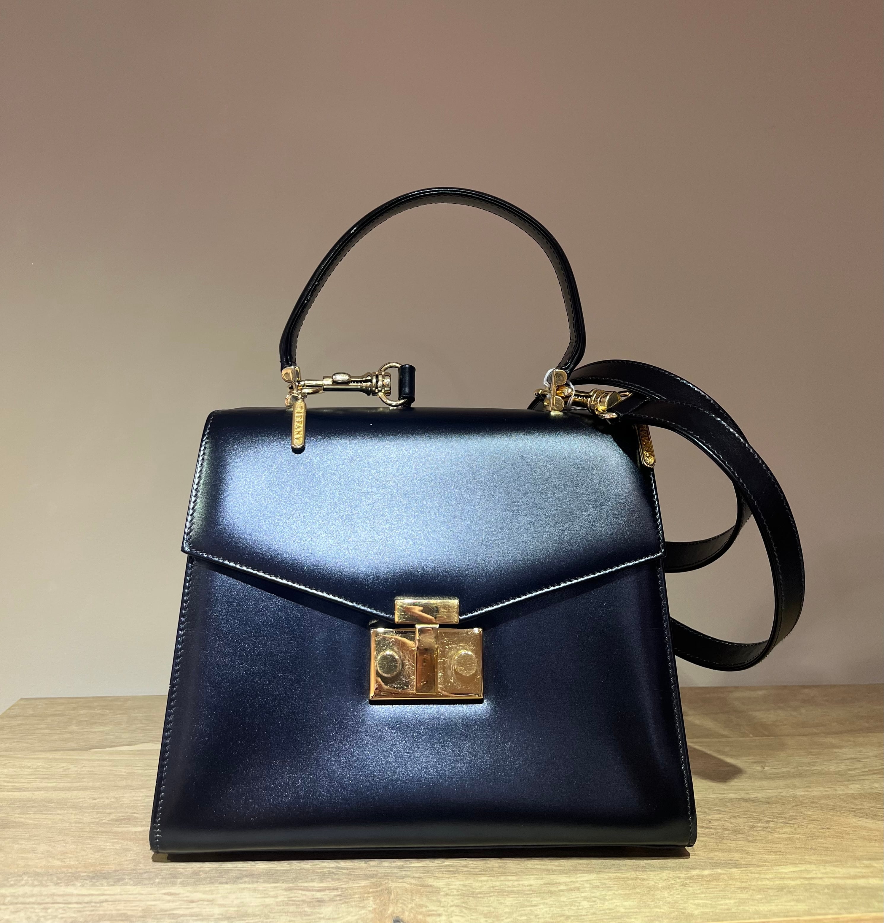 TIFFANY ティファニー ショルダーバッグ サテン ネイビー ゴールド金具 TIFFANY&CO.】2613 本革レザー 2WAYショルダーバッグ レザー ブラック