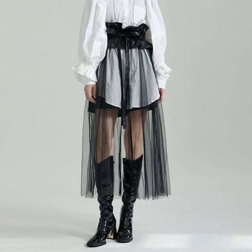 tulle gather long skirt / l0717