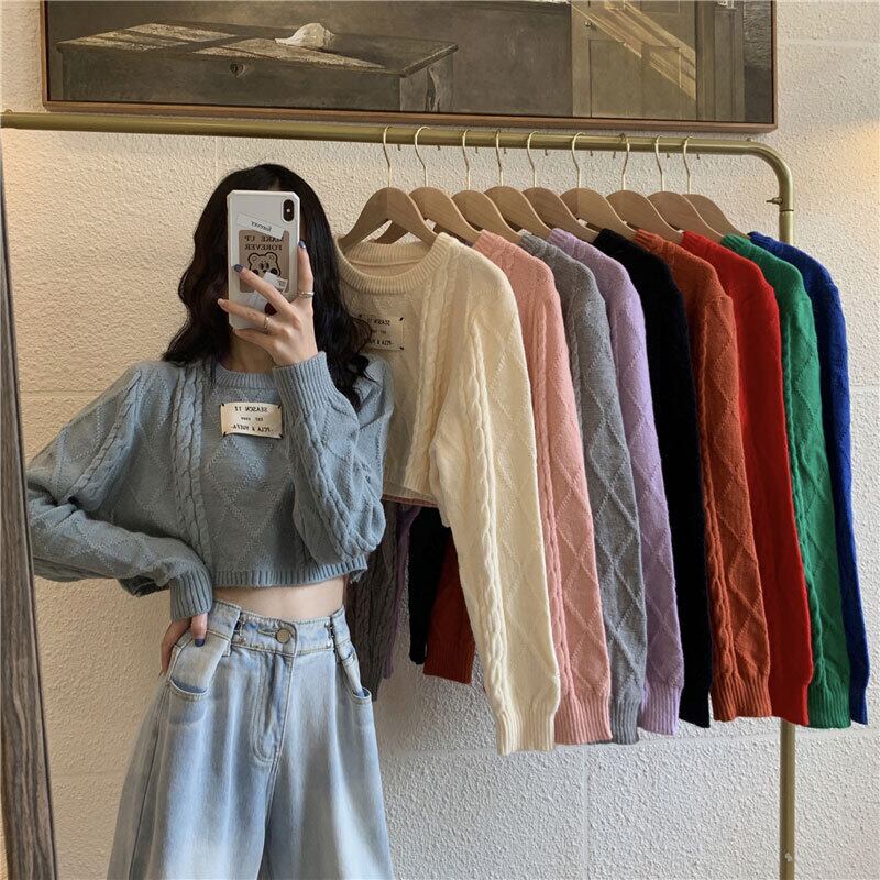 セーター レディースオータムウィンタールーズショートラウンドネックプルオーバー 長袖スリーブトップス ロング 秋物 冬物 Oネック 萌量不足24509601329