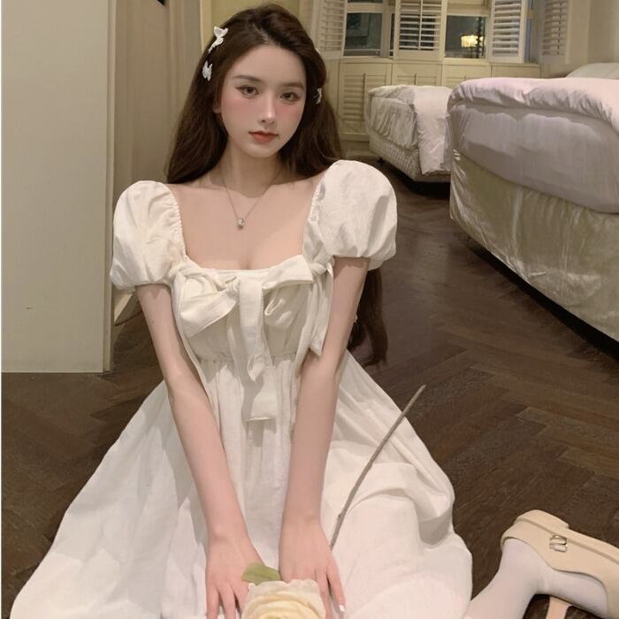 サマースタンダードリボンドレス ウェスト レトロ 大人ガーリー スウィート キュート カジュアル 夏物 ドラファッションホール84559274506