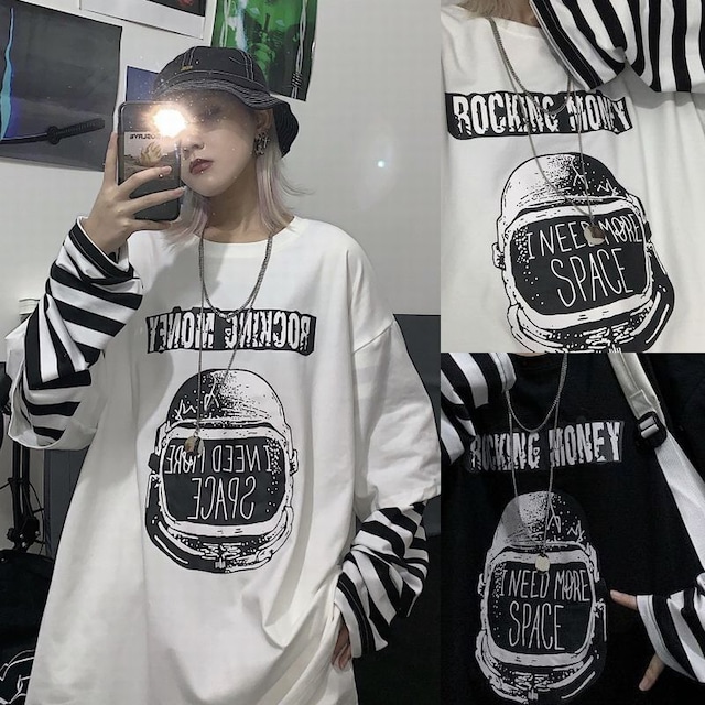 フェイクレイヤード ドッキングトップス tシャツ ロンT ボーダー柄 長袖 レトロ 韓国ファッション レディース 大人可愛い ガーリー カジュアル ストリート系 / Loose Stripe Fake Two Piece T-shirt Top In Trend (DTC-662523104463)