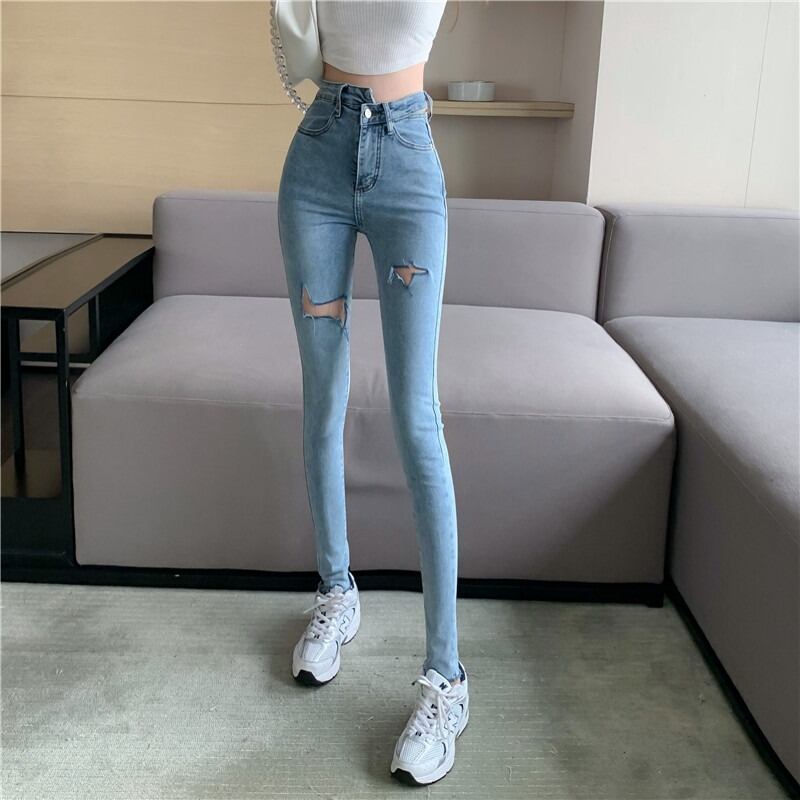 サマーハイウェスト薄手ジーンズ レディース 夏物 ハンチェンe86935214467